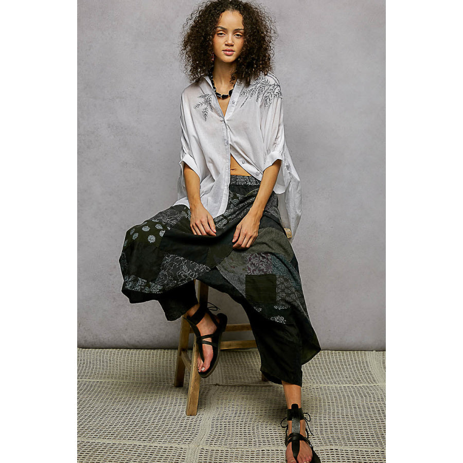POL Button Down Embroidered Floral High-Low Hem Shirt Apparel and Accessories