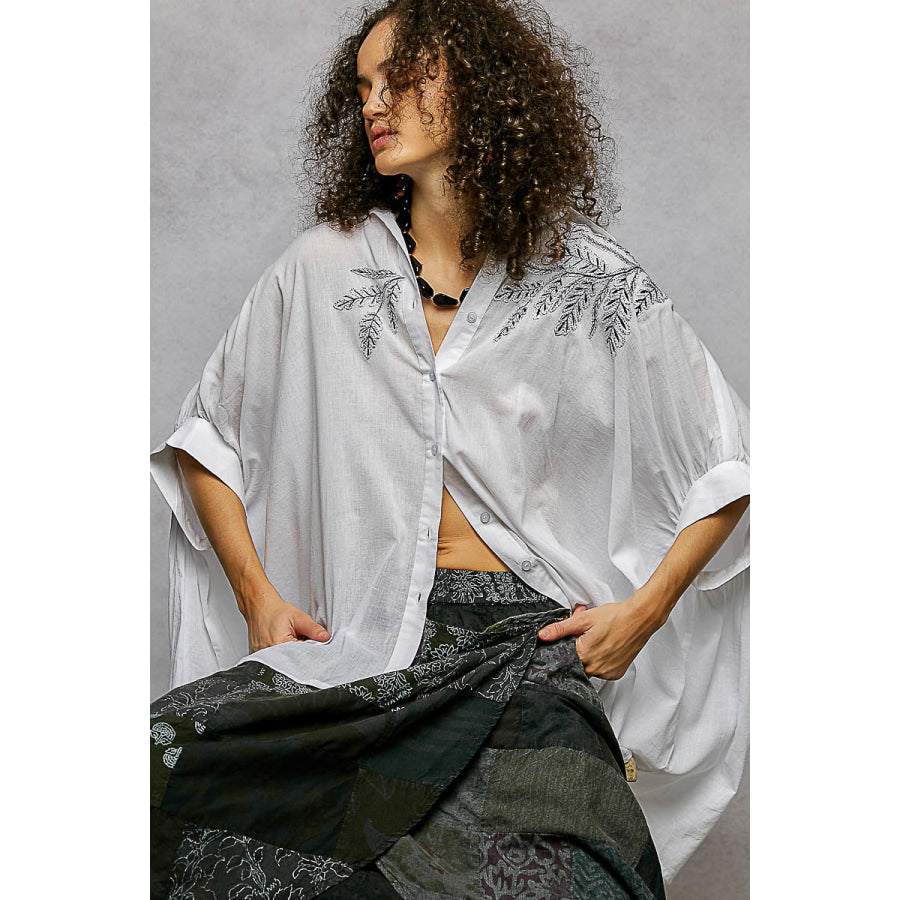 POL Button Down Embroidered Floral High-Low Hem Shirt Apparel and Accessories