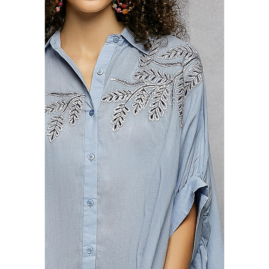 POL Button Down Embroidered Floral High-Low Hem Shirt Apparel and Accessories