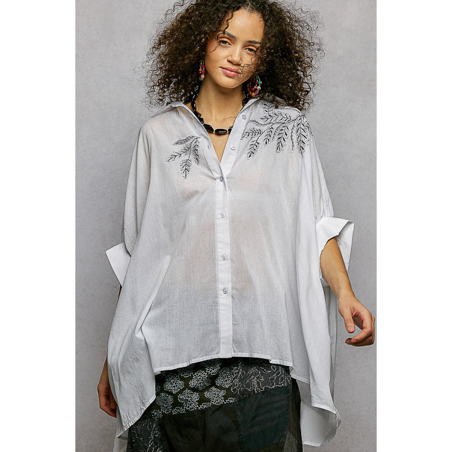 POL Button Down Embroidered Floral High-Low Hem Shirt Apparel and Accessories