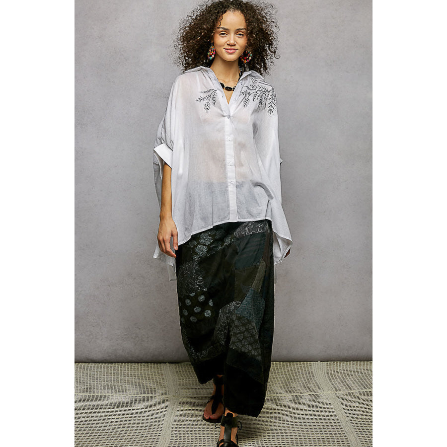 POL Button Down Embroidered Floral High-Low Hem Shirt Apparel and Accessories