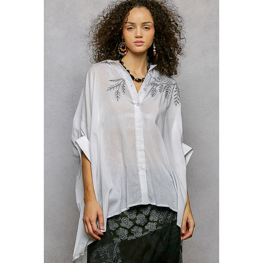 POL Button Down Embroidered Floral High-Low Hem Shirt IVORY / S Apparel and Accessories