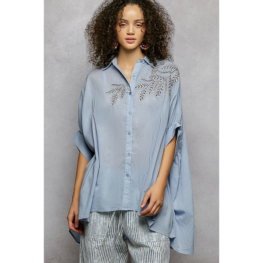 POL Button Down Embroidered Floral High-Low Hem Shirt SKY BLUE / S Apparel and Accessories