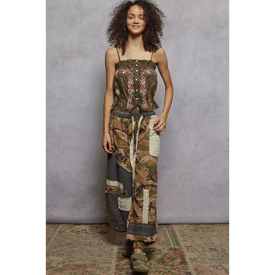 POL Button Down Floral Embroidered Cropped Cami with Lace Detail Apparel and Accessories