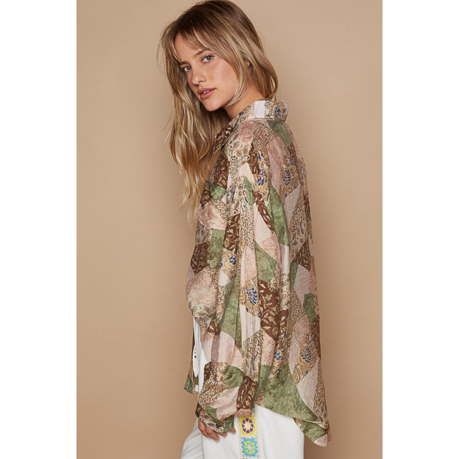 POL Button-Down Long Sleeve Printed Shirt Moss/Charcoal / S Apparel and Accessories