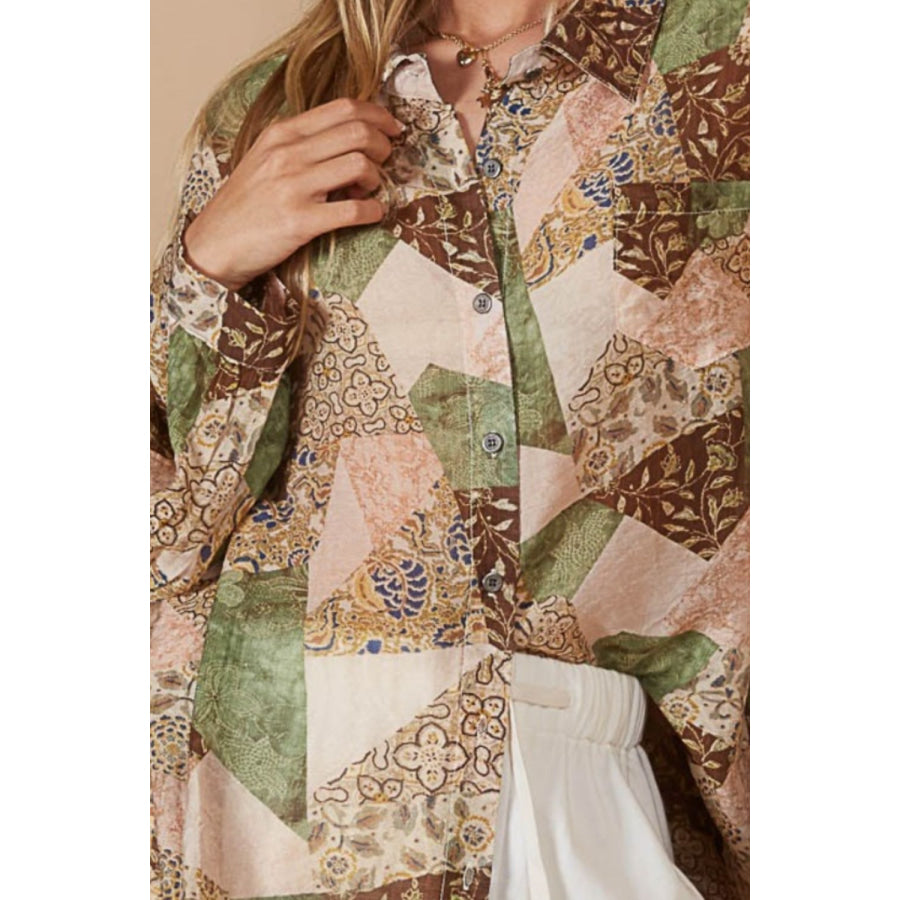 POL Button-Down Long Sleeve Printed Shirt Apparel and Accessories