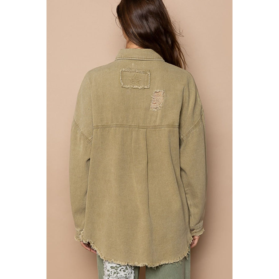 POL Button Down Raw Hem Distressed Shacket Apparel and Accessories