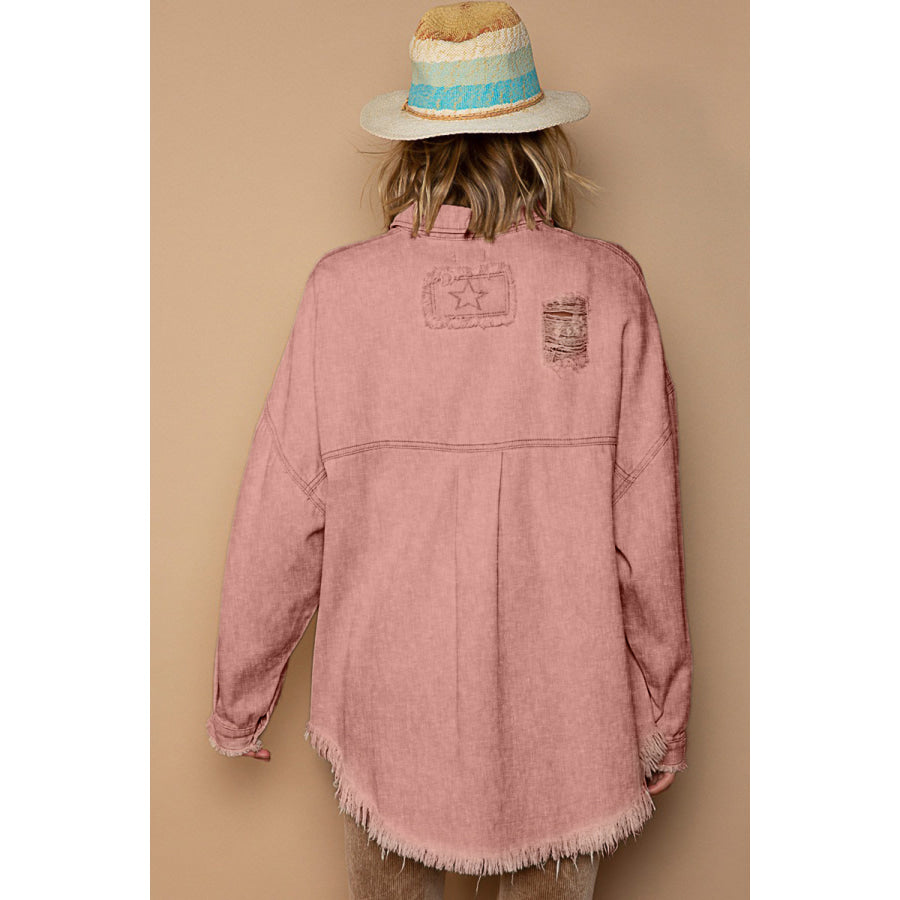 POL Button Down Raw Hem Distressed Shacket Powder Brick / S Apparel and Accessories