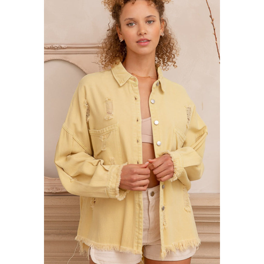 POL Button Down Raw Hem Distressed Shacket Lemonade / S Apparel and Accessories