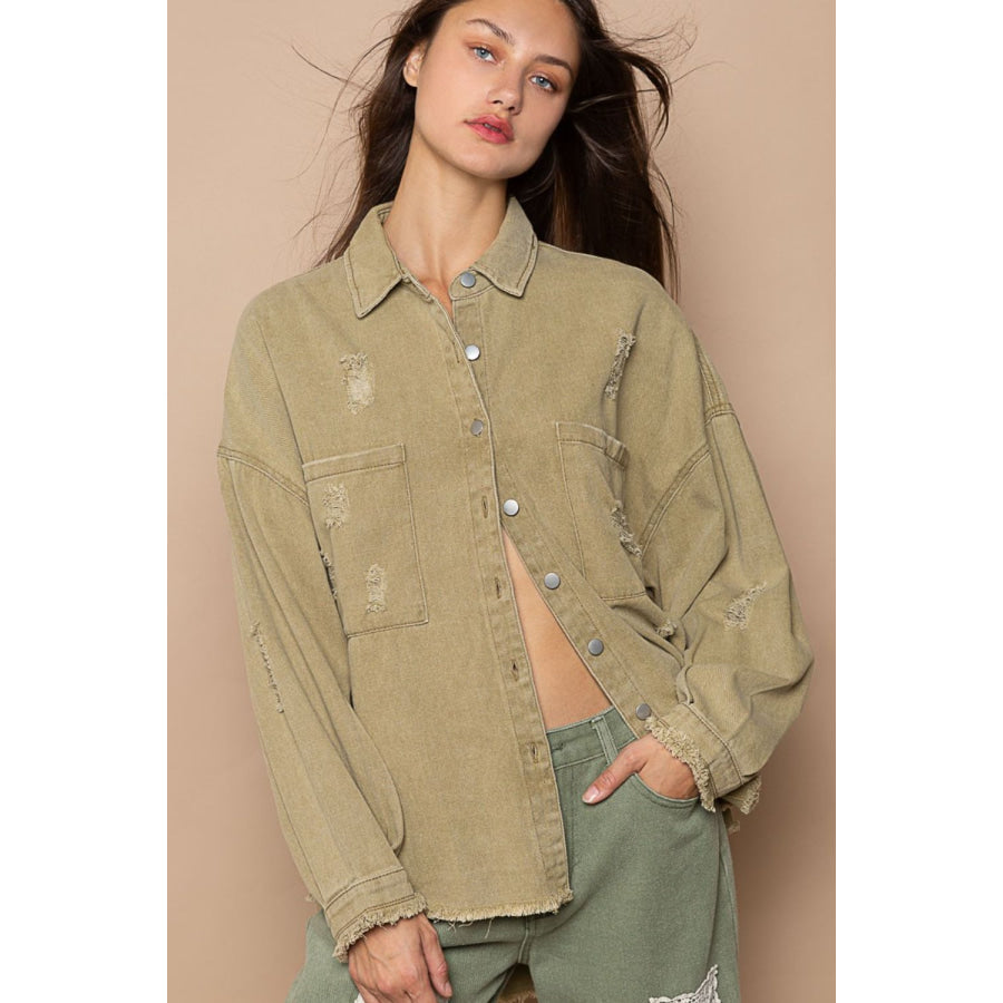 POL Button Down Raw Hem Distressed Shacket Mocha Herb / S Apparel and Accessories