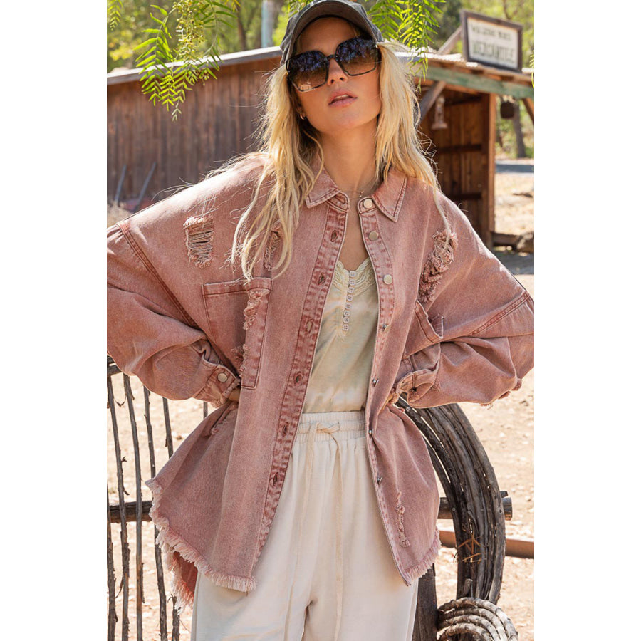 POL Button Down Raw Hem Distressed Shacket Powder Brick / S Apparel and Accessories