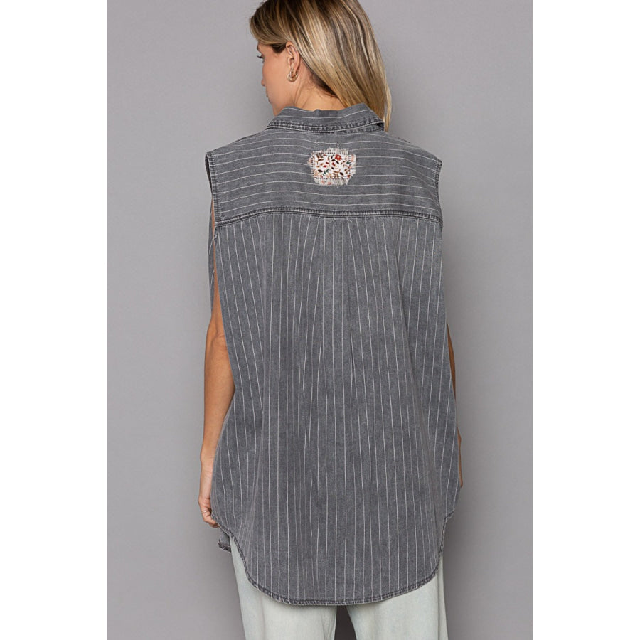 POL Button Down Sleeveless Striped Denim Shirt Grey Multi / S Apparel and Accessories