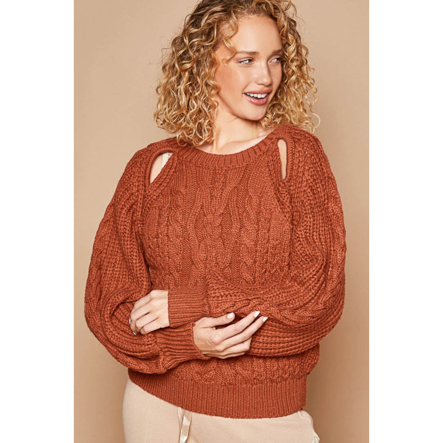 POL Cable Knit Cutout Long Sleeve Sweater Apparel and Accessories