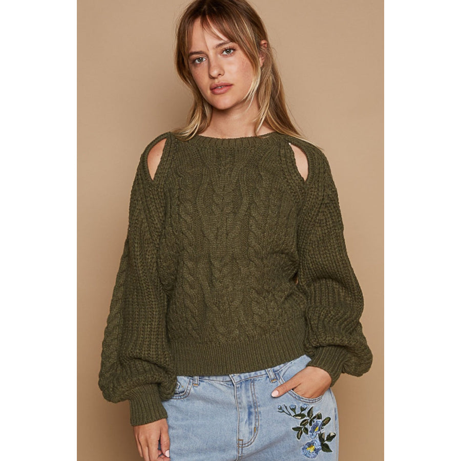 POL Cable Knit Cutout Long Sleeve Sweater Apparel and Accessories