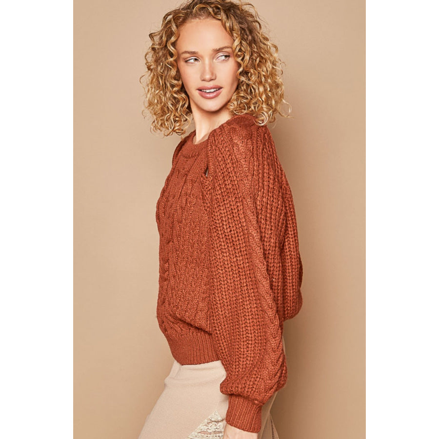 POL Cable Knit Cutout Long Sleeve Sweater Apparel and Accessories