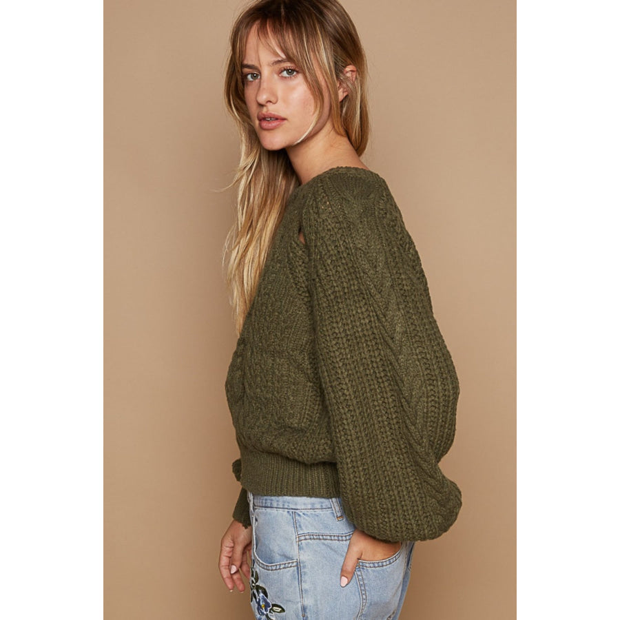 POL Cable Knit Cutout Long Sleeve Sweater Apparel and Accessories