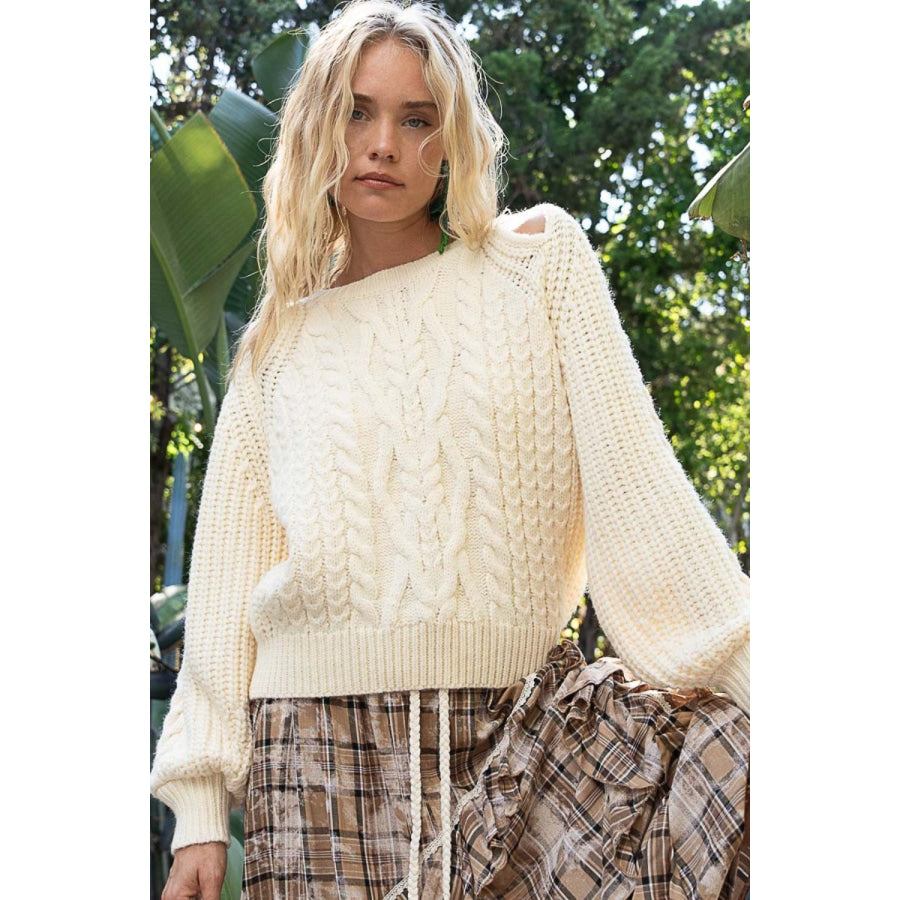 POL Cable Knit Cutout Long Sleeve Sweater Cream / S Apparel and Accessories