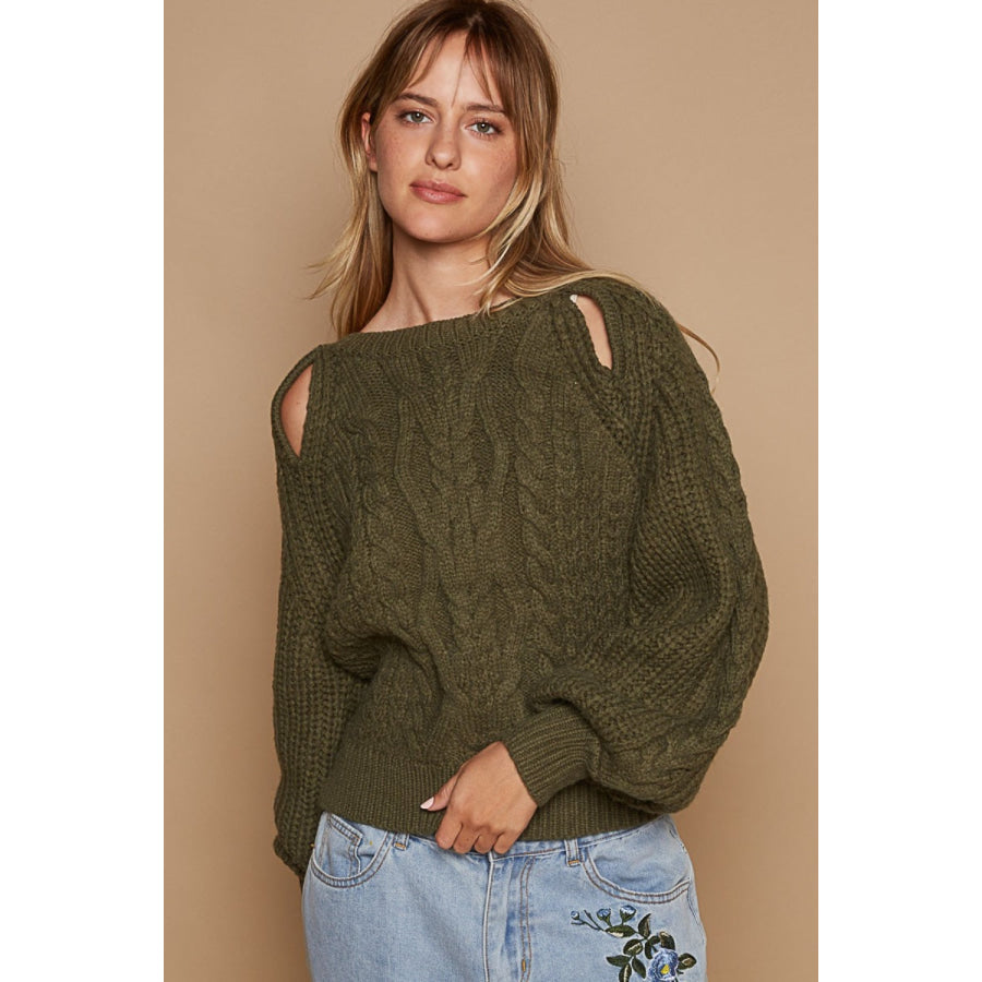 POL Cable Knit Cutout Long Sleeve Sweater Dried Olive / S Apparel and Accessories