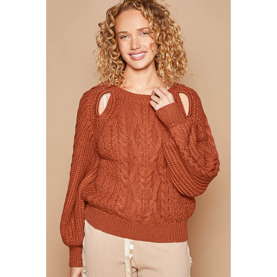 POL Cable Knit Cutout Long Sleeve Sweater Fired Brick / S Apparel and Accessories