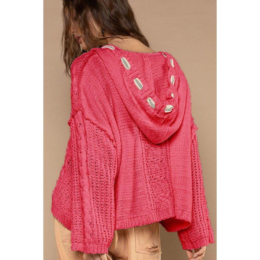 POL Cable Knit Hooded Chenille Sweater Fuchsia / S Apparel and Accessories