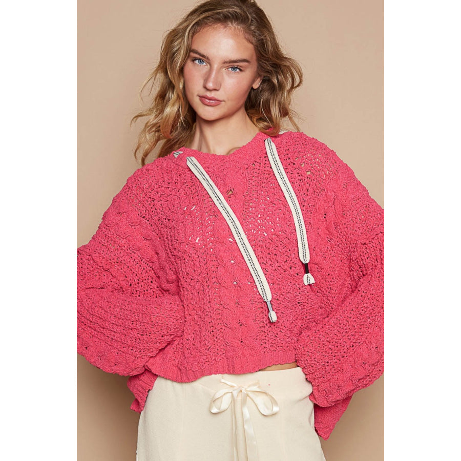 POL Cable Knit Hooded Chenille Sweater Fuchsia / S Apparel and Accessories