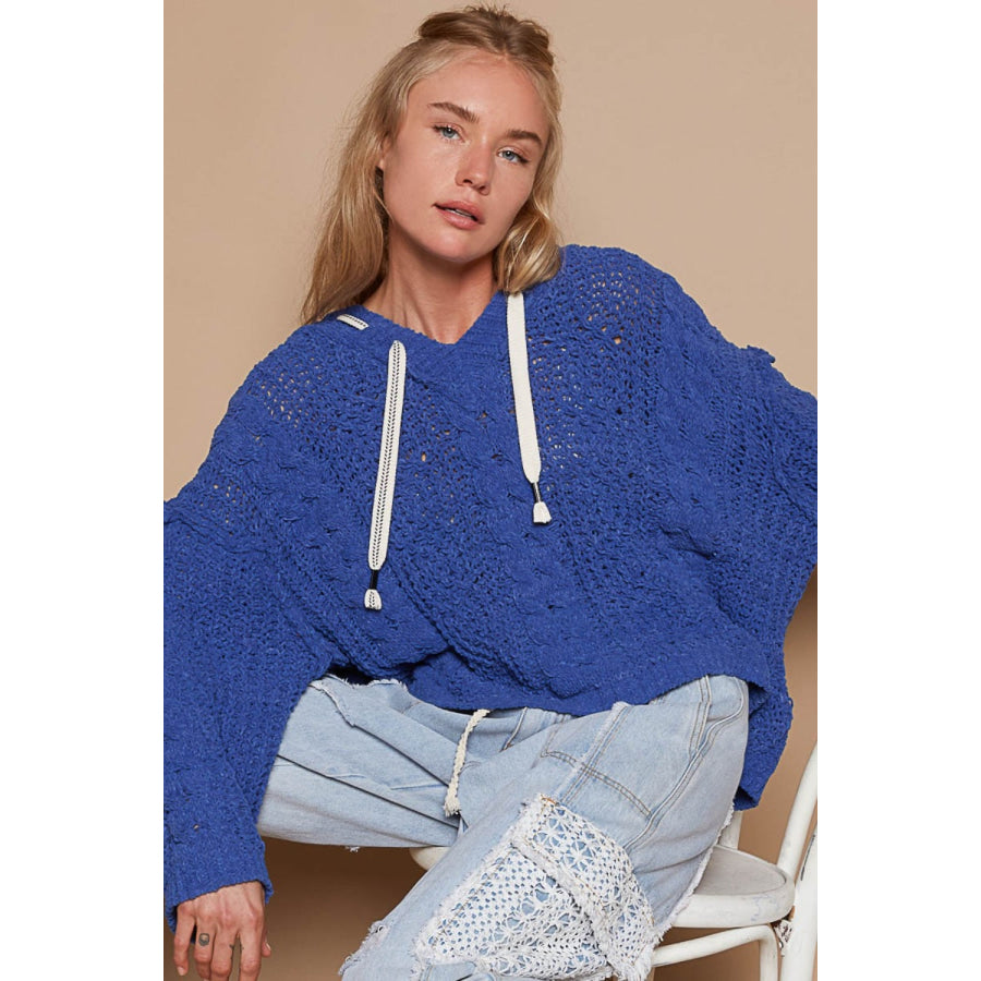 POL Cable Knit Hooded Chenille Sweater Ultramarine / S Apparel and Accessories