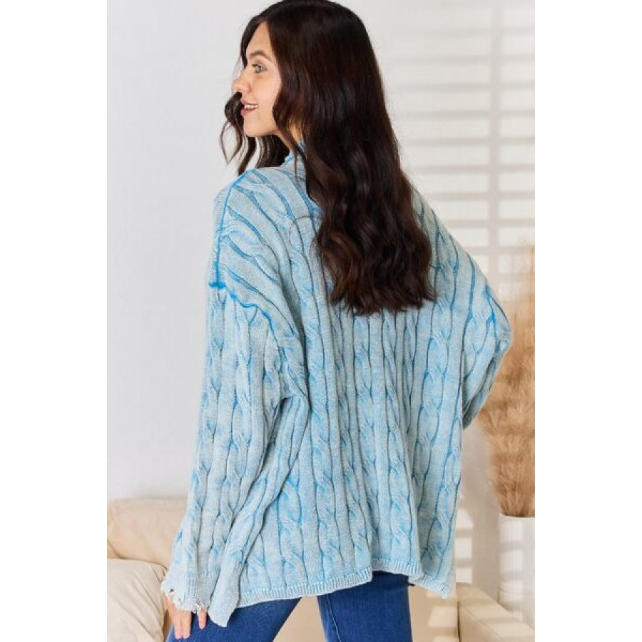 POL Cable-Knit Open Front Sweater Cardigan POWDER BLUE / S Apparel and Accessories