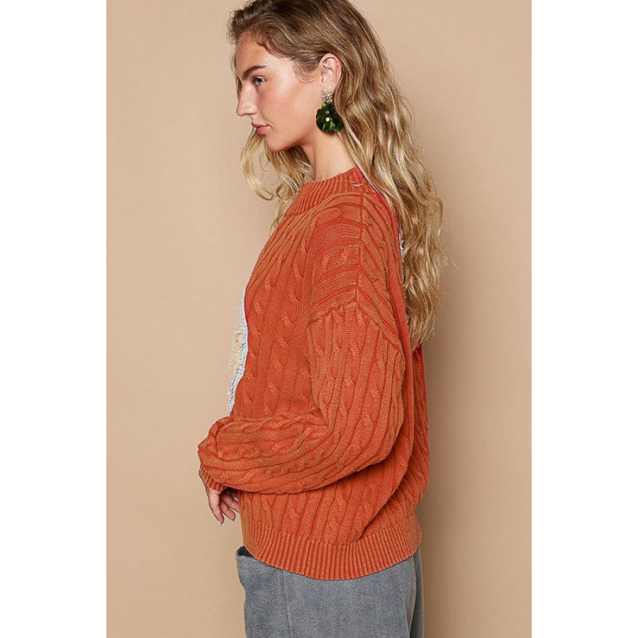 POL Cable-Knit Peace Patch Dropped Shoulder Sweater Apparel and Accessories