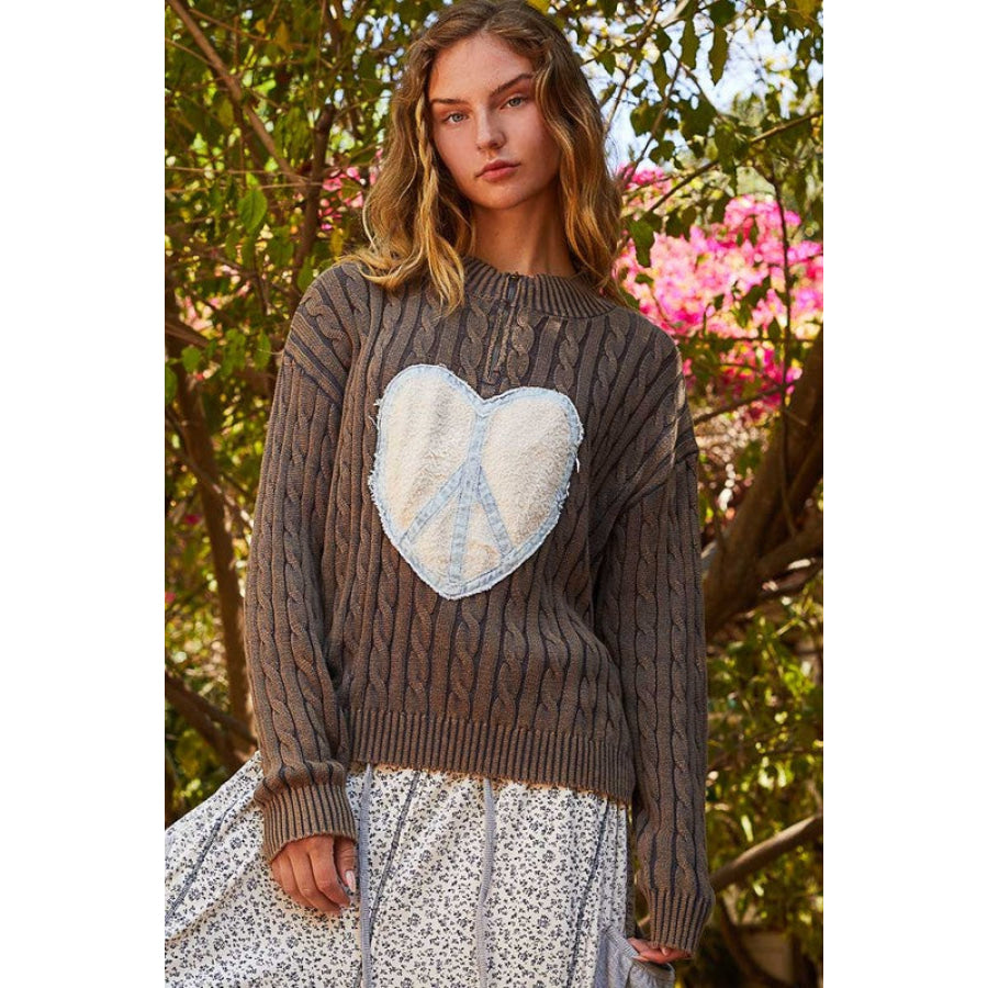 POL Cable-Knit Peace Patch Dropped Shoulder Sweater Apparel and Accessories