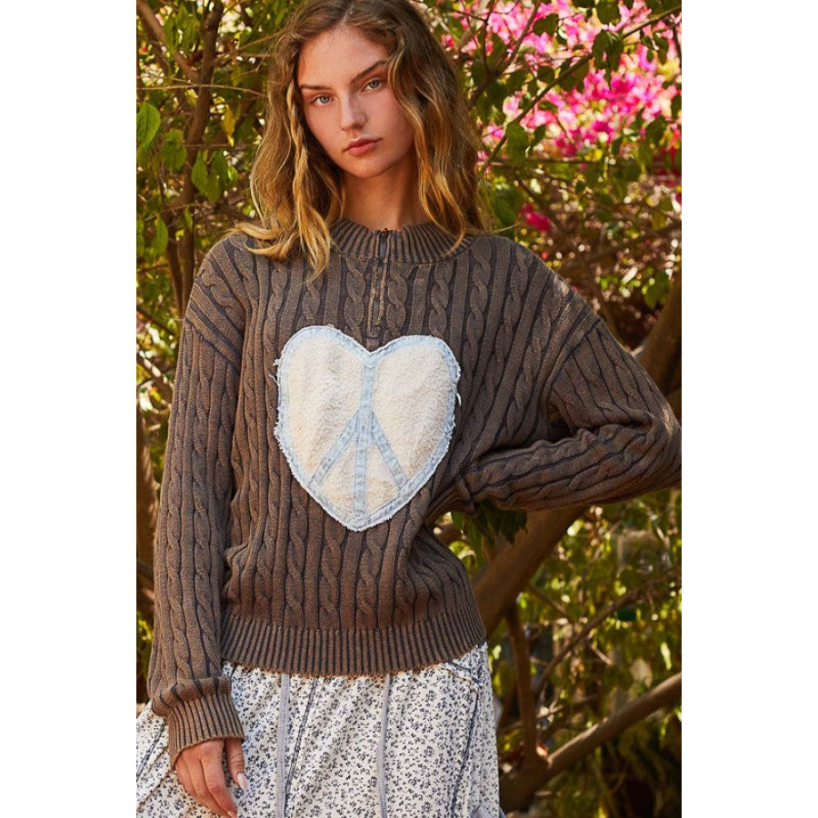 POL Cable-Knit Peace Patch Dropped Shoulder Sweater Apparel and Accessories