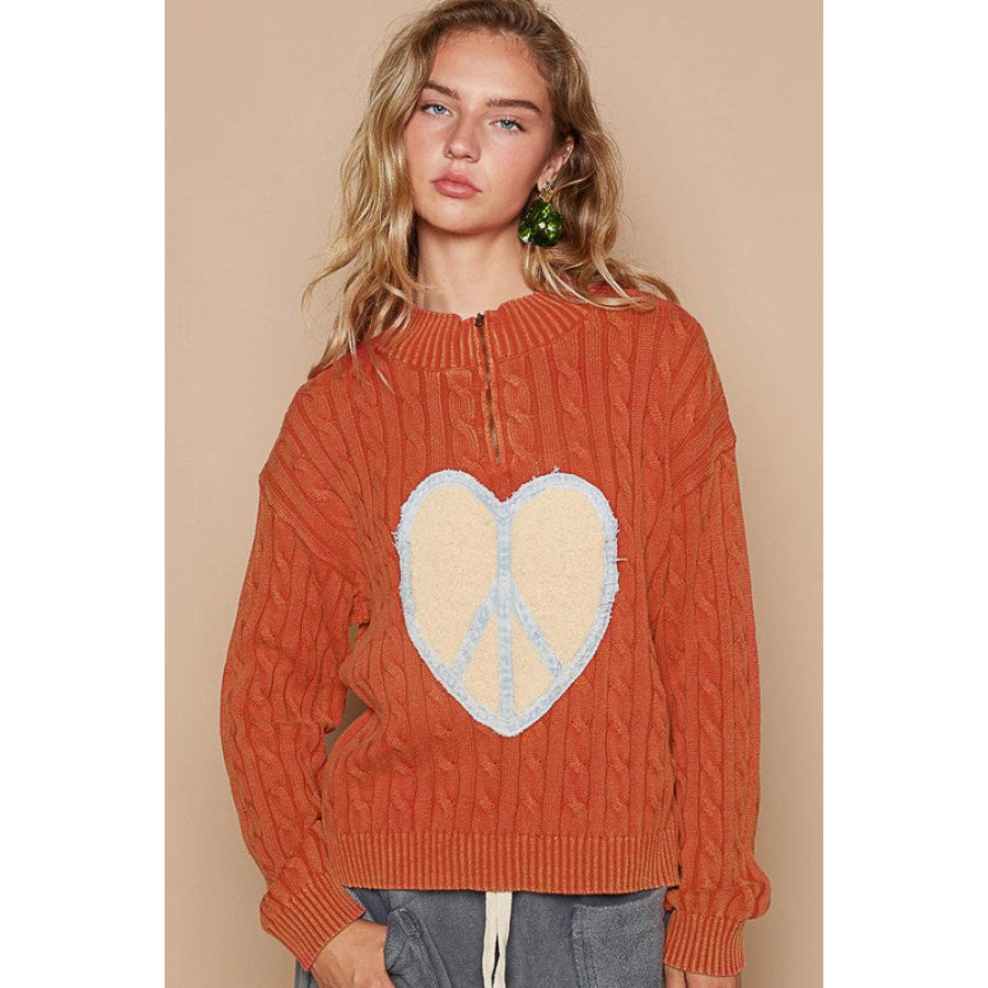 POL Cable-Knit Peace Patch Dropped Shoulder Sweater Apparel and Accessories