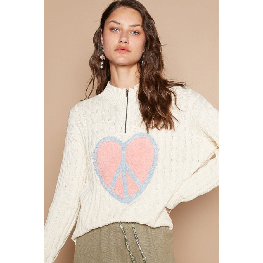 POL Cable-Knit Peace Patch Dropped Shoulder Sweater Apparel and Accessories