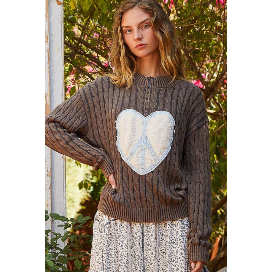 POL Cable-Knit Peace Patch Dropped Shoulder Sweater Apparel and Accessories