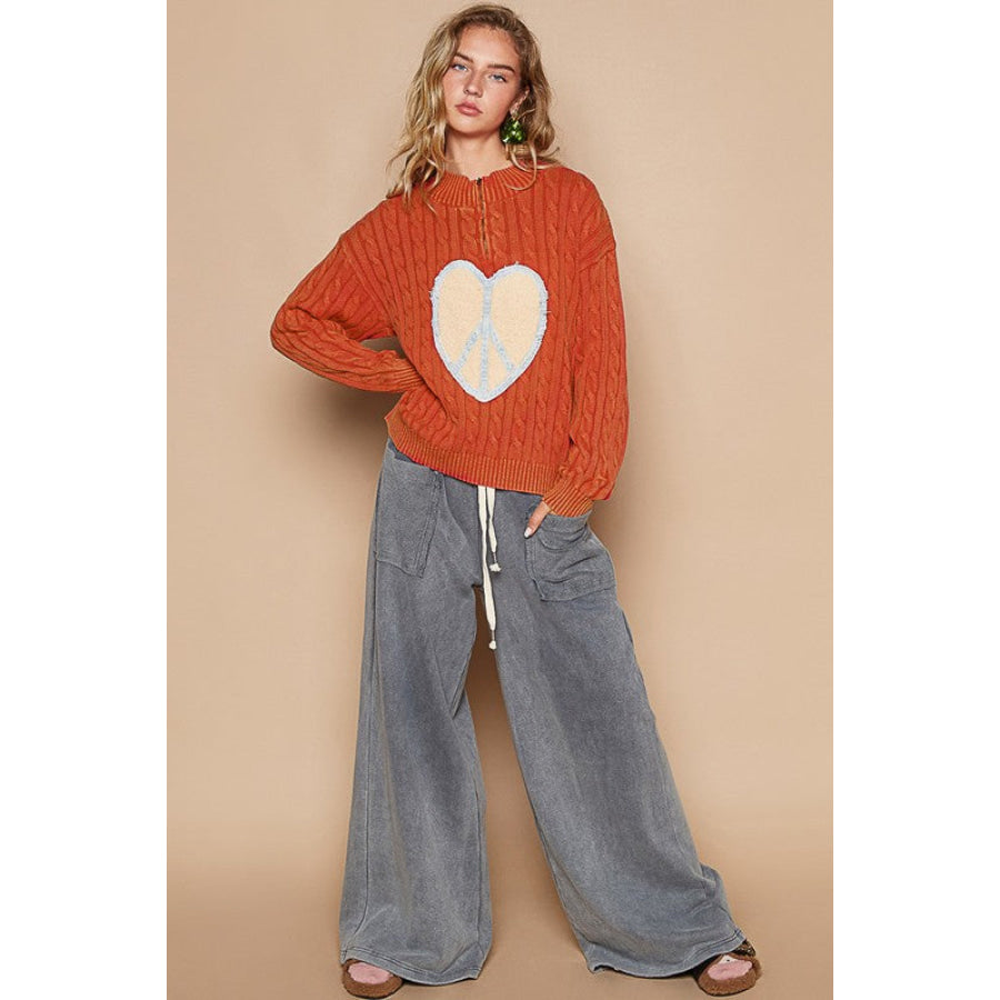 POL Cable-Knit Peace Patch Dropped Shoulder Sweater Apparel and Accessories