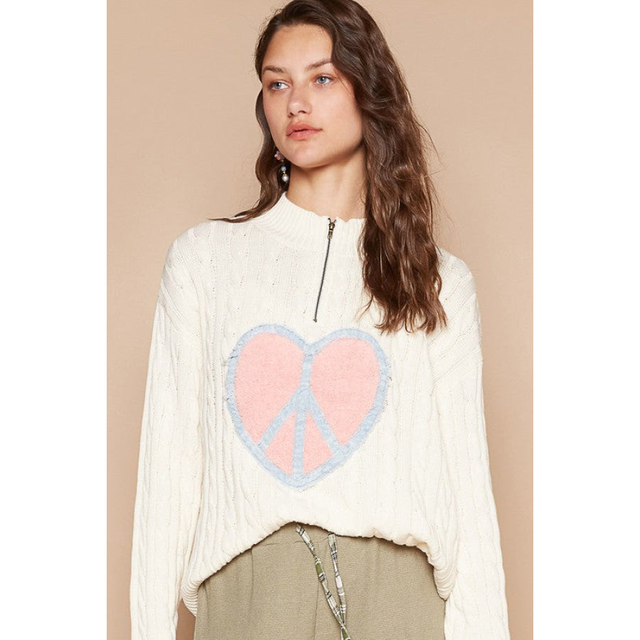 POL Cable-Knit Peace Patch Dropped Shoulder Sweater Ivory / S Apparel and Accessories