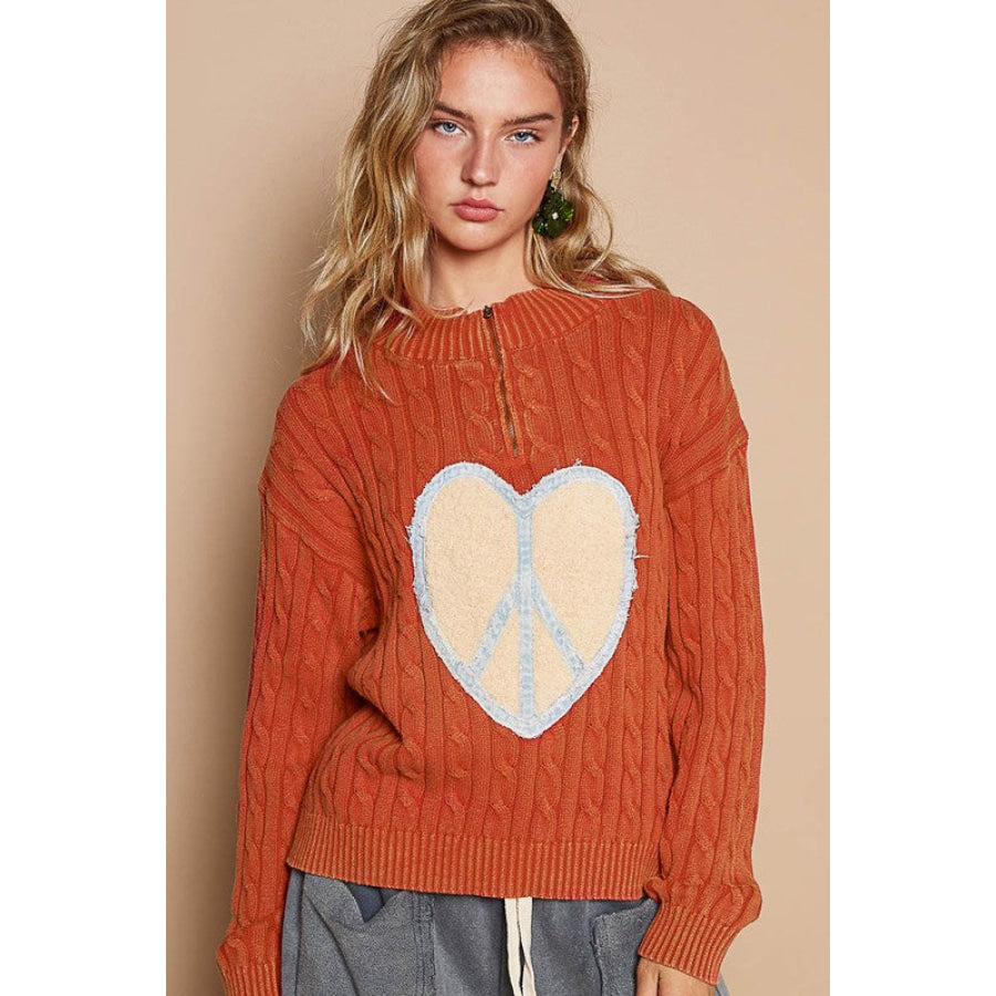 POL Cable-Knit Peace Patch Dropped Shoulder Sweater Orange-Red / S Apparel and Accessories