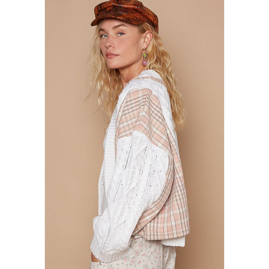 POL Cable-Knit Plaid V-Neck Button Up Cardigan White / S Apparel and Accessories