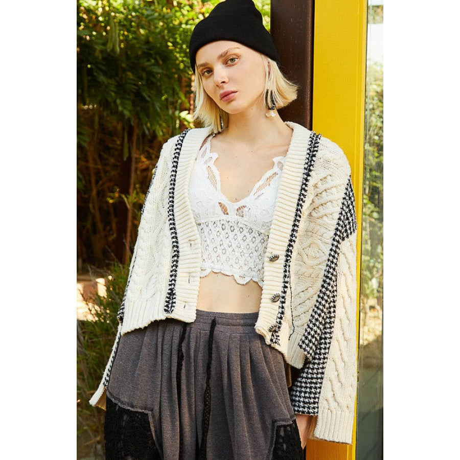 POL Cable-Knit Plaid V-Neck Button Up Cardigan Natural Multicolor / S Apparel and Accessories