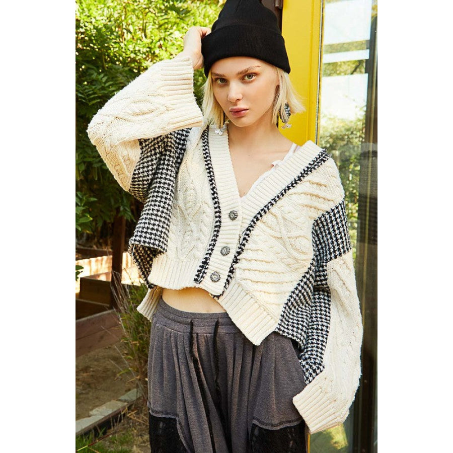 POL Cable-Knit Plaid V-Neck Button Up Cardigan Natural Multicolor / S Apparel and Accessories