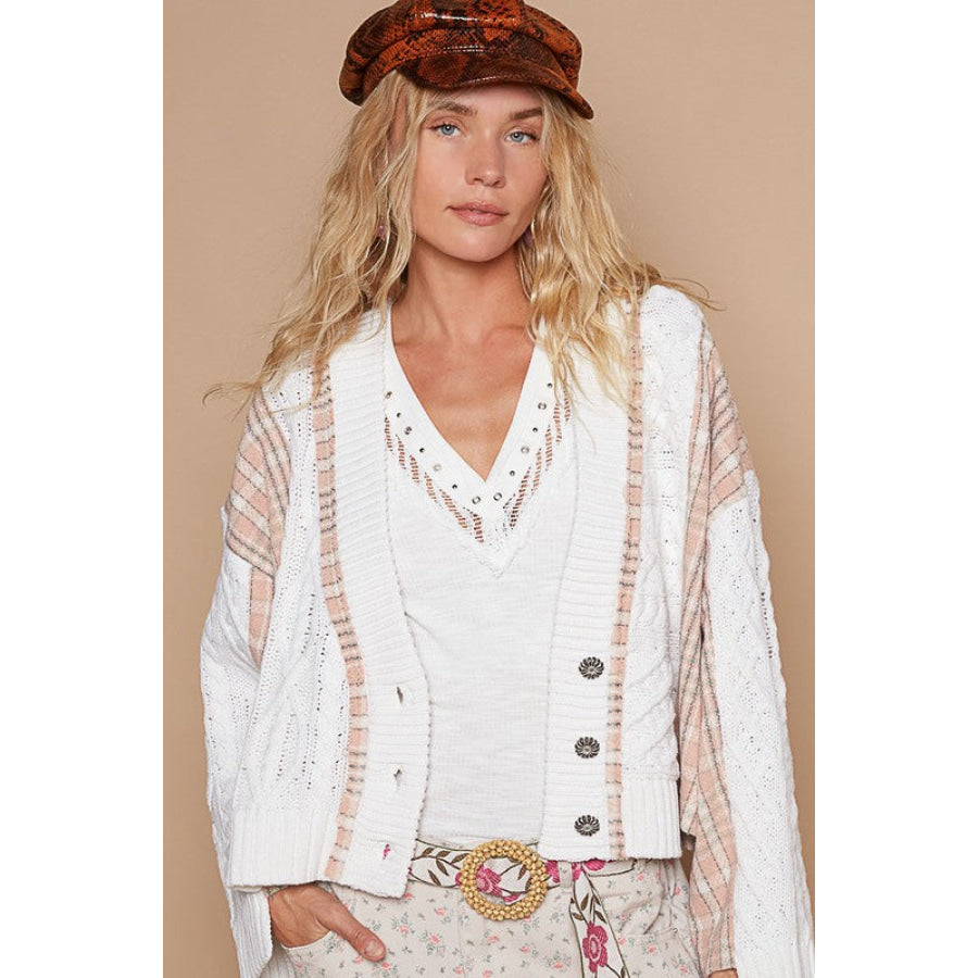 POL Cable-Knit Plaid V-Neck Button Up Cardigan White / S Apparel and Accessories