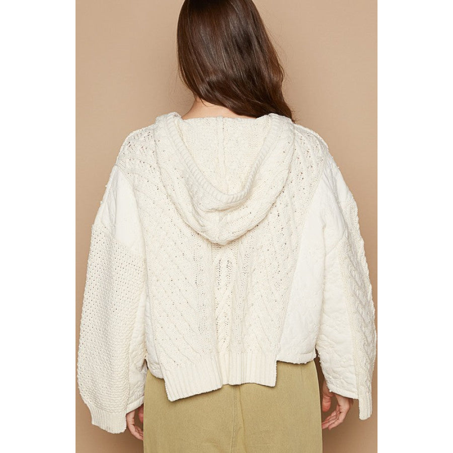 POL Cable-Knit Quarter Button Hooded Sweater Beige / S Apparel and Accessories