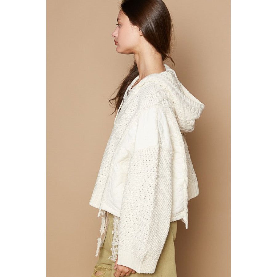 POL Cable-Knit Quarter Button Hooded Sweater Apparel and Accessories