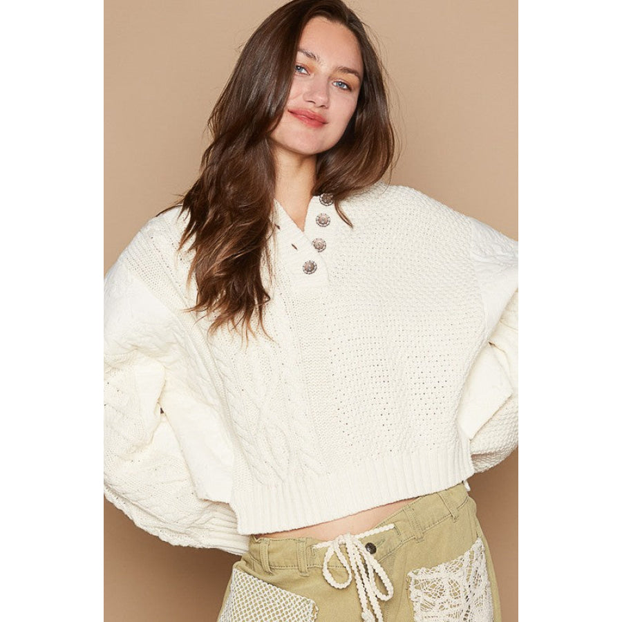 POL Cable-Knit Quarter Button Hooded Sweater Apparel and Accessories