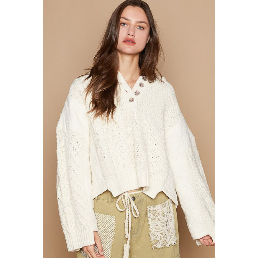 POL Cable-Knit Quarter Button Hooded Sweater Apparel and Accessories