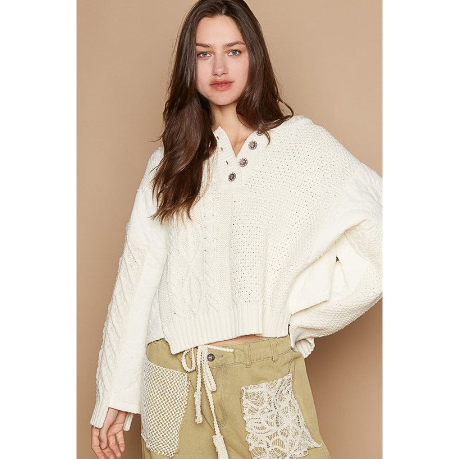 POL Cable-Knit Quarter Button Hooded Sweater Beige / S Apparel and Accessories