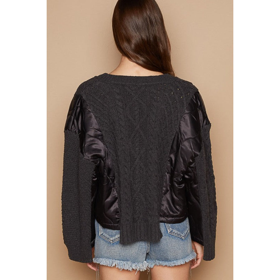POL Cable Knit Quilting Patch V-Neck Sweater Apparel and Accessories