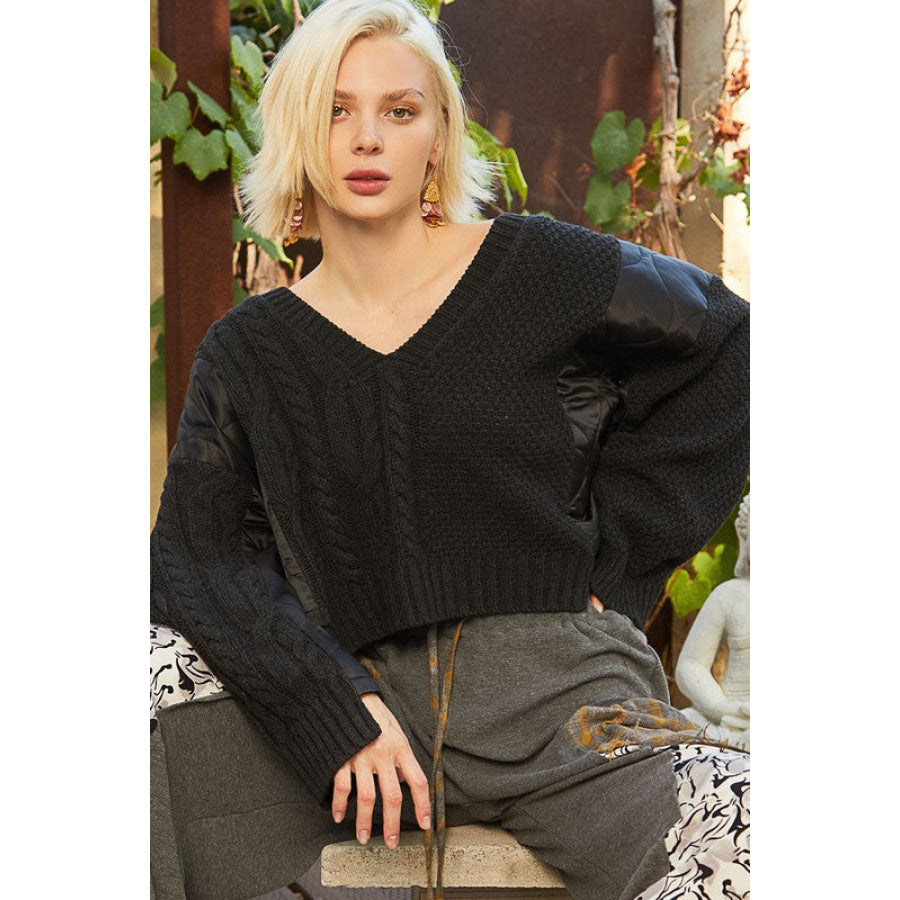 POL Cable Knit Quilting Patch V-Neck Sweater Black / S Apparel and Accessories