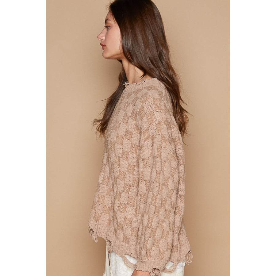 POL Checkered Distressed Edge Sweater Mocha Beige / S Apparel and Accessories