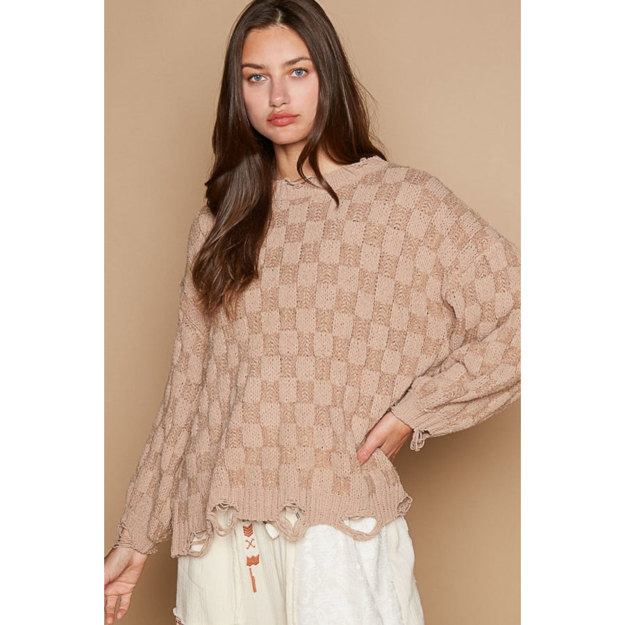 POL Checkered Distressed Edge Sweater Mocha Beige / S Apparel and Accessories