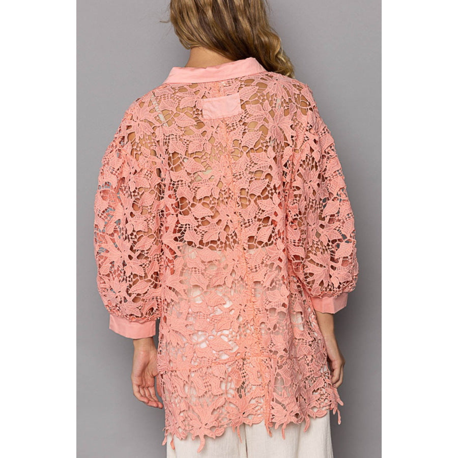 POL Collared Neck Button Up Lace Shirt Peach Coral / S Apparel and Accessories